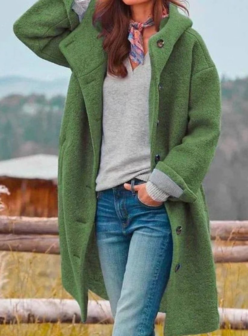 Damen Wintermantel mit Kapuze und Knöpfen aus weichem Wollstoff - Dunkelgrün