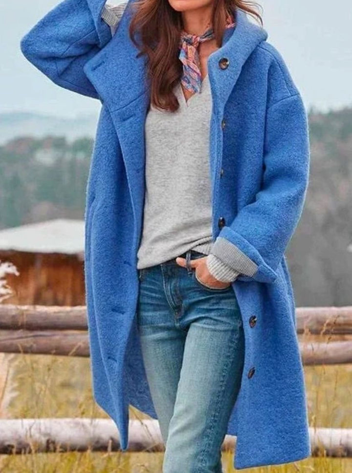 Damen Wintermantel mit Kapuze und Knöpfen aus weichem Wollstoff - Blau