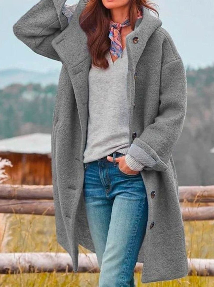 Damen Wintermantel mit Kapuze und Knöpfen aus weichem Wollstoff - Grau