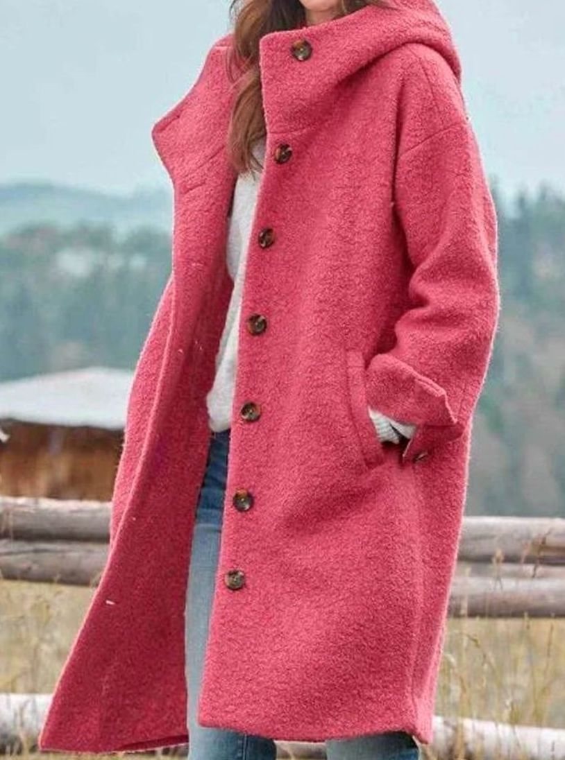 Damen Wintermantel mit Kapuze und Knöpfen aus weichem Wollstoff - Rosa