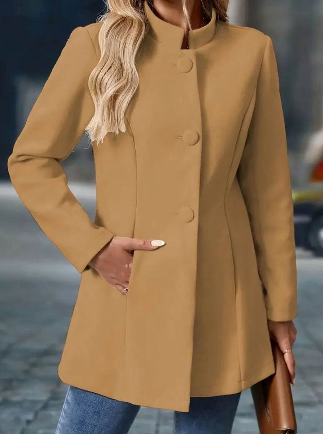 Damen Wintermantel mit Knöpfen Stehkragen eleganter langer Schnitt
