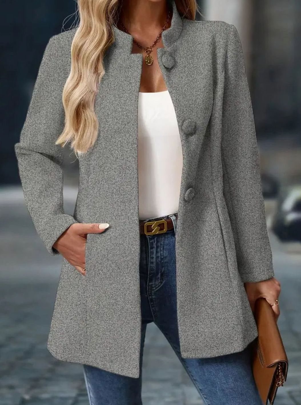Damen Wintermantel mit Knöpfen Stehkragen eleganter langer Schnitt - Grau