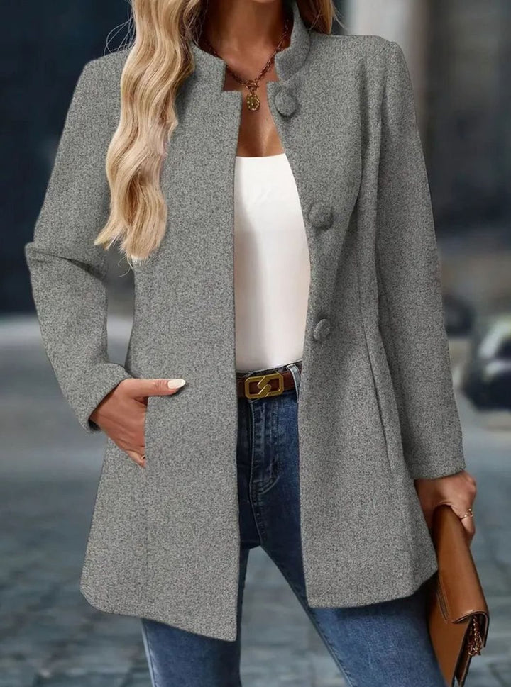 Damen Wintermantel mit Knöpfen Stehkragen eleganter langer Schnitt - Grau