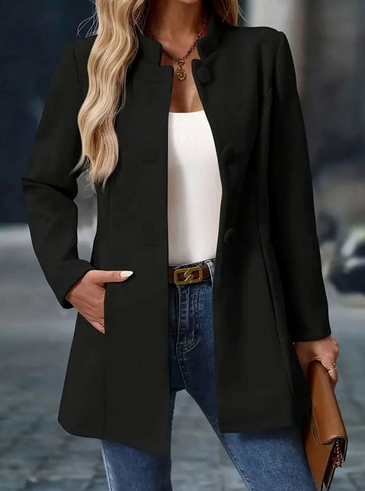 Damen Wintermantel mit Knöpfen Stehkragen eleganter langer Schnitt - Schwarz