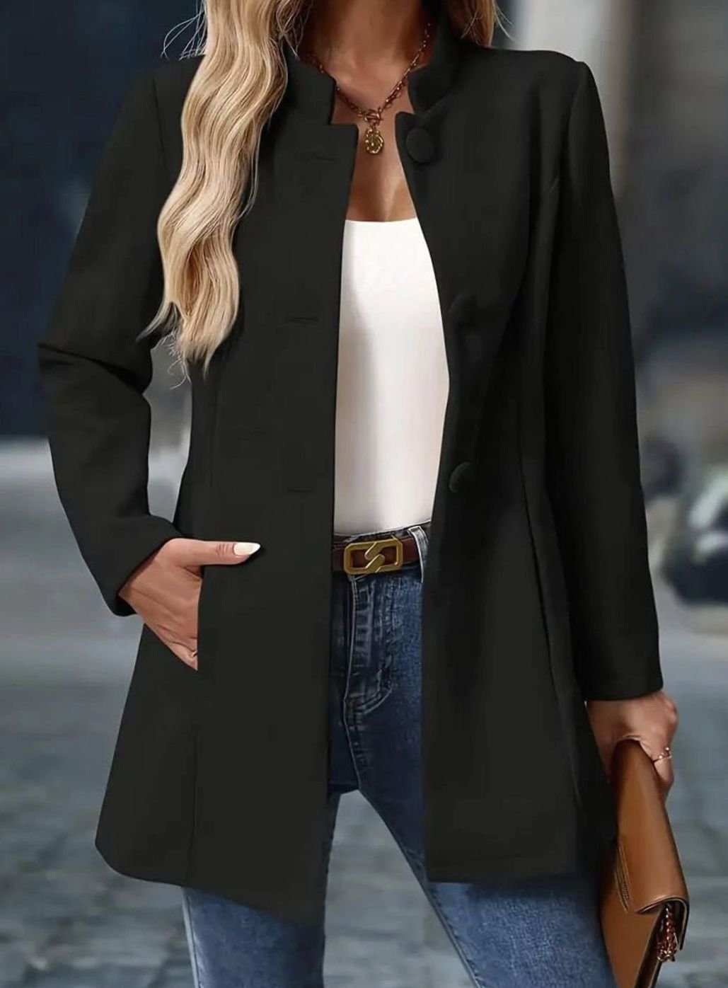 Damen Wintermantel mit Knöpfen Stehkragen eleganter langer Schnitt - Schwarz