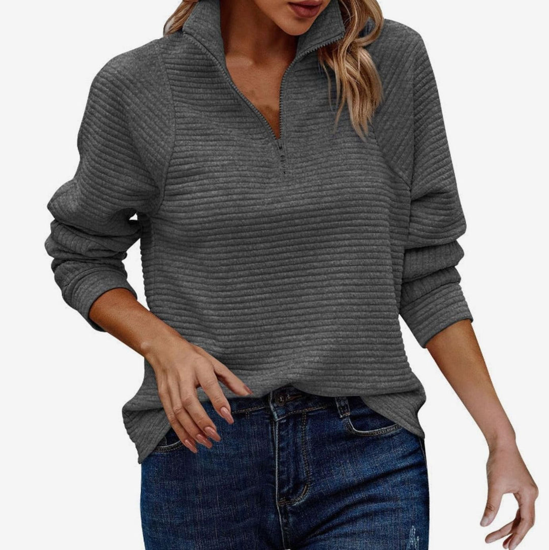 Damenpullover mit Reißverschluss am Kragen Langarm Strick Sweatshirt - Dunkelgrau