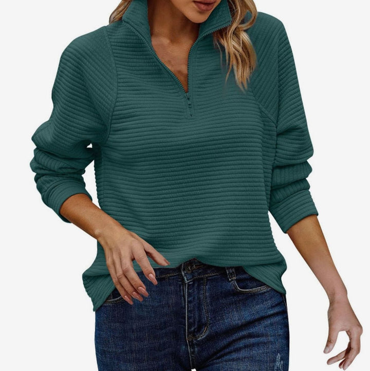 Damenpullover mit Reißverschluss am Kragen Langarm Strick Sweatshirt - Grün