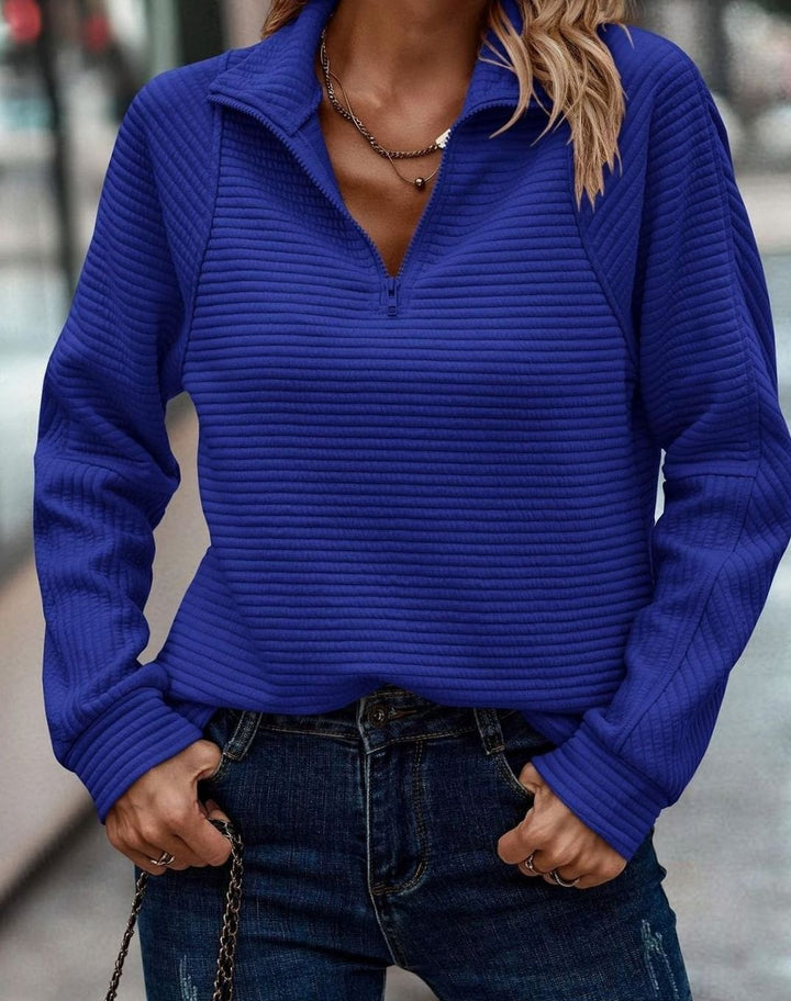 Damenpullover mit Reißverschluss am Kragen Langarm Strick Sweatshirt - Blau