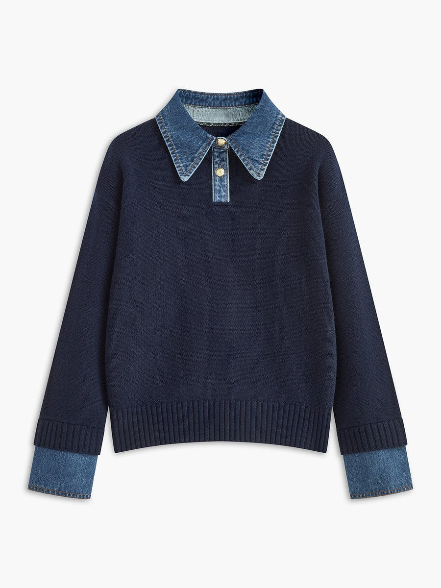 Dames 2-in-1 Gebreide Sweater Denim Kraag Manchetten - Navy