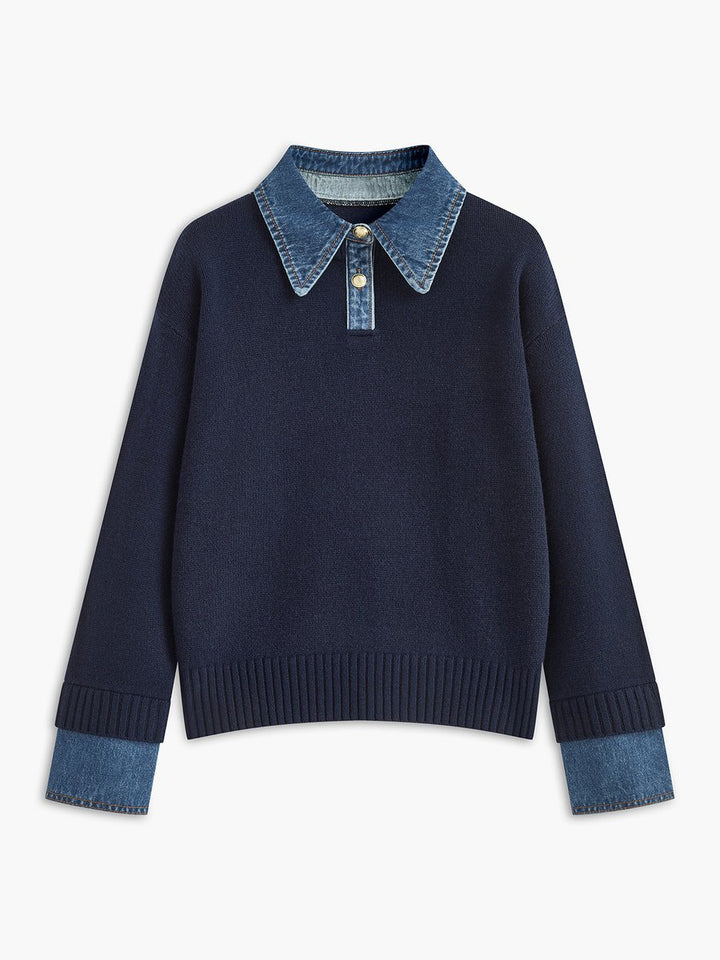 Dames 2-in-1 Gebreide Sweater Denim Kraag Manchetten - Navy