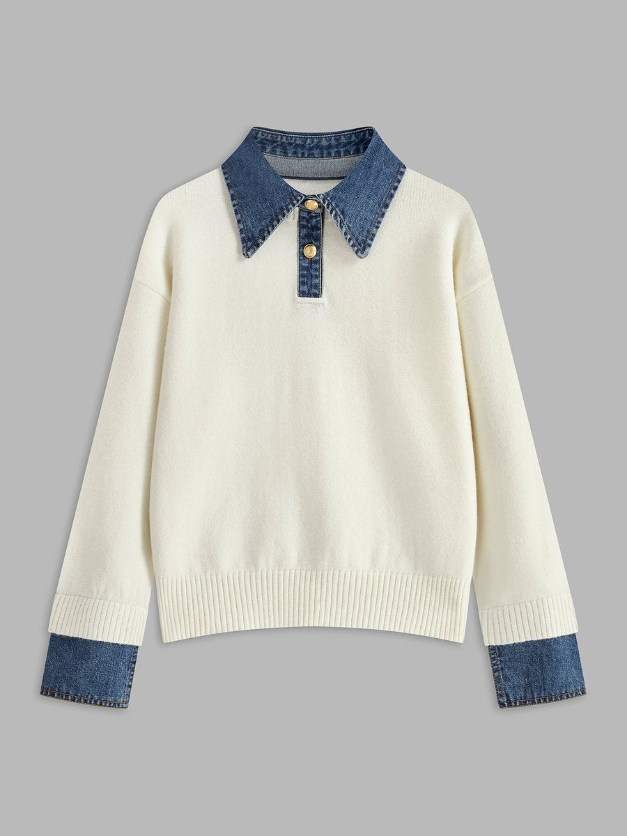 Dames 2-in-1 Gebreide Sweater Denim Kraag Manchetten - White