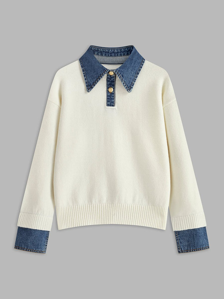 Dames 2-in-1 Gebreide Sweater Denim Kraag Manchetten - White