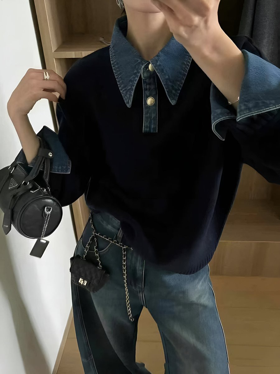 Dames 2-in-1 Gebreide Sweater Denim Kraag Manchetten