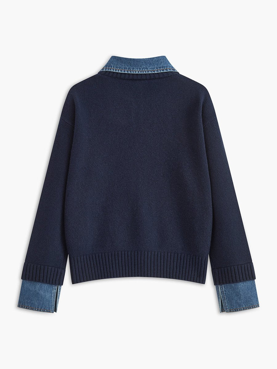 Dames 2-in-1 Gebreide Sweater Denim Kraag Manchetten