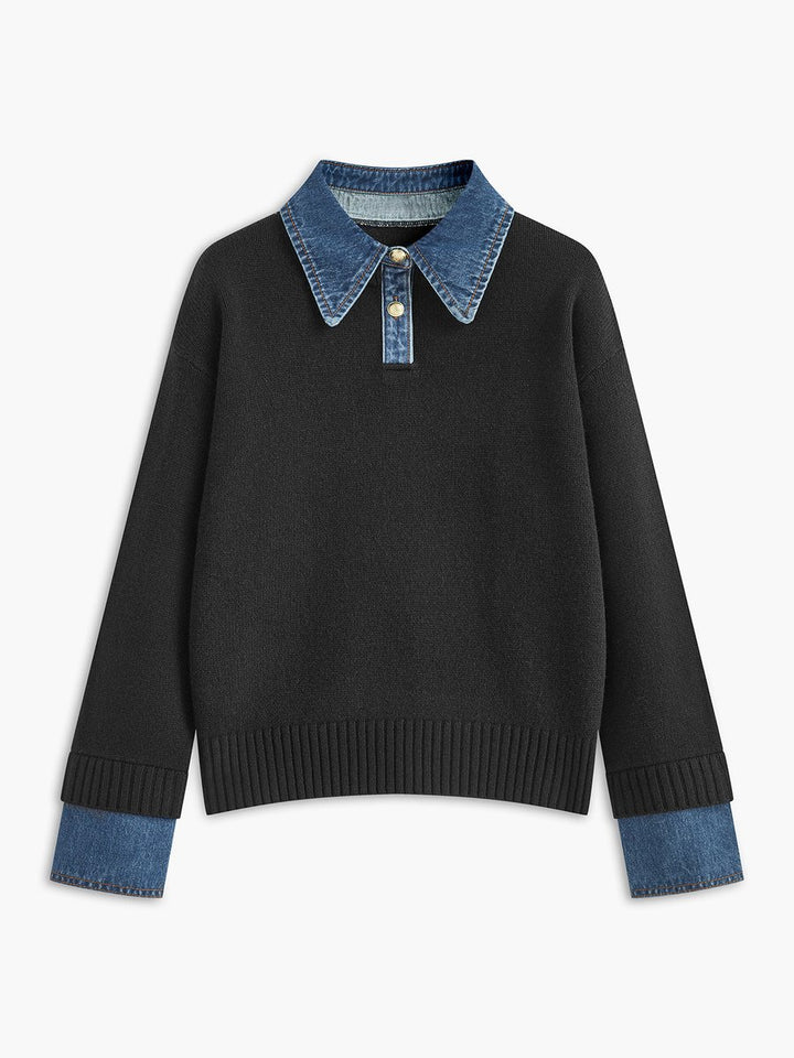 Dames 2-in-1 Gebreide Sweater Denim Kraag Manchetten - Black