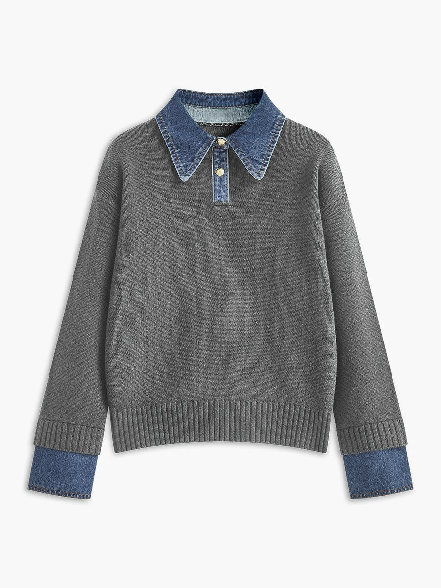 Dames 2-in-1 Gebreide Sweater Denim Kraag Manchetten - Light Grey