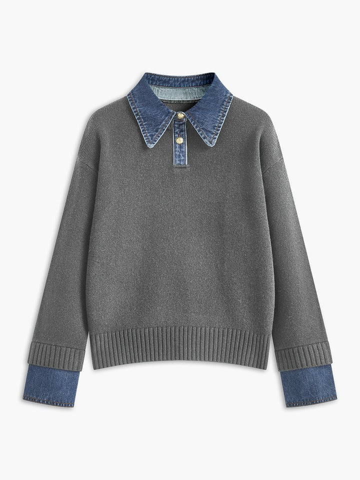Dames 2-in-1 Gebreide Sweater Denim Kraag Manchetten - Light Grey