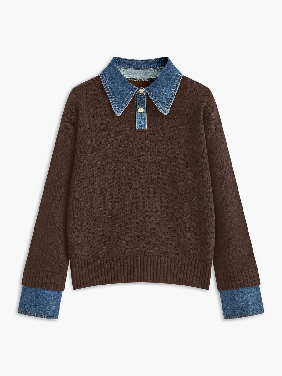 Dames 2-in-1 Gebreide Sweater Denim Kraag Manchetten - Brown