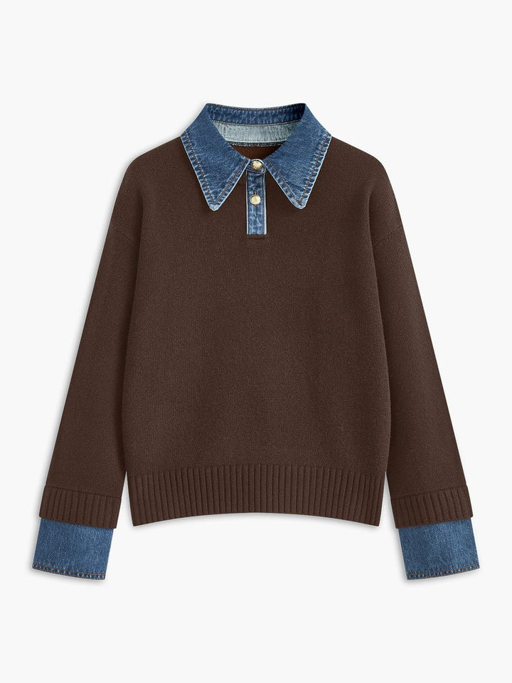 Dames 2-in-1 Gebreide Sweater Denim Kraag Manchetten - Brown