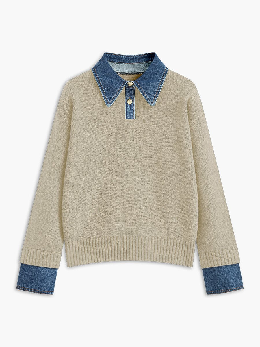 Dames 2-in-1 Gebreide Sweater Denim Kraag Manchetten - Apricot