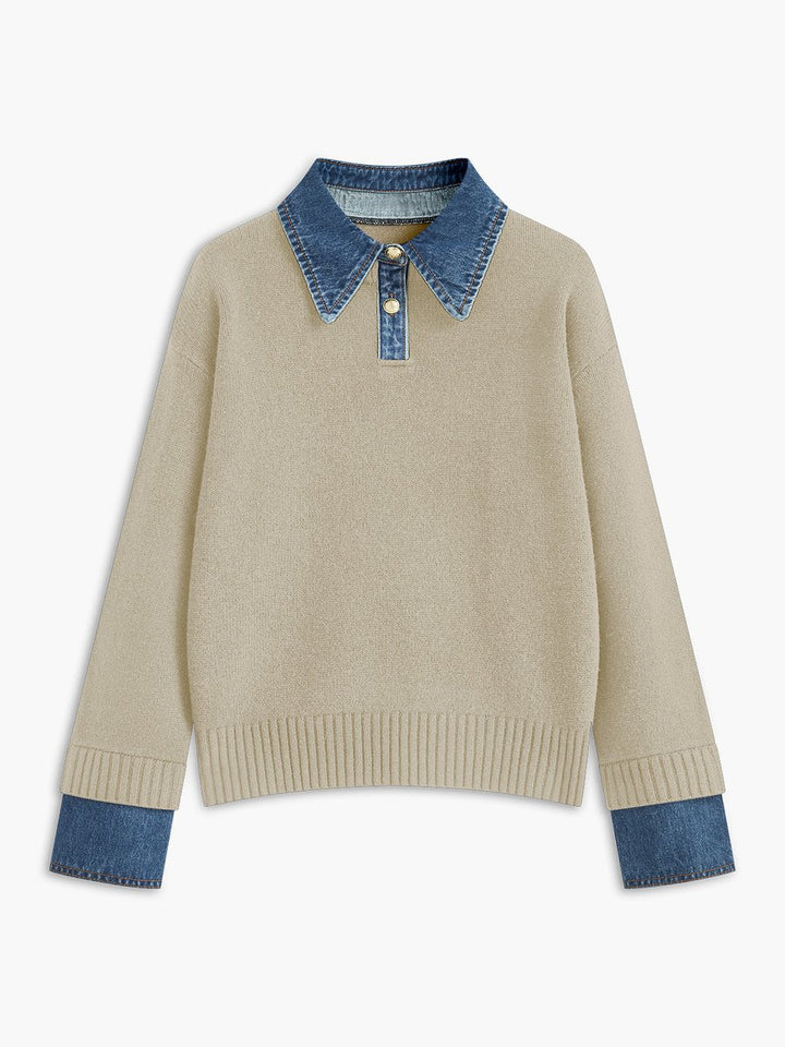 Dames 2-in-1 Gebreide Sweater Denim Kraag Manchetten - Apricot