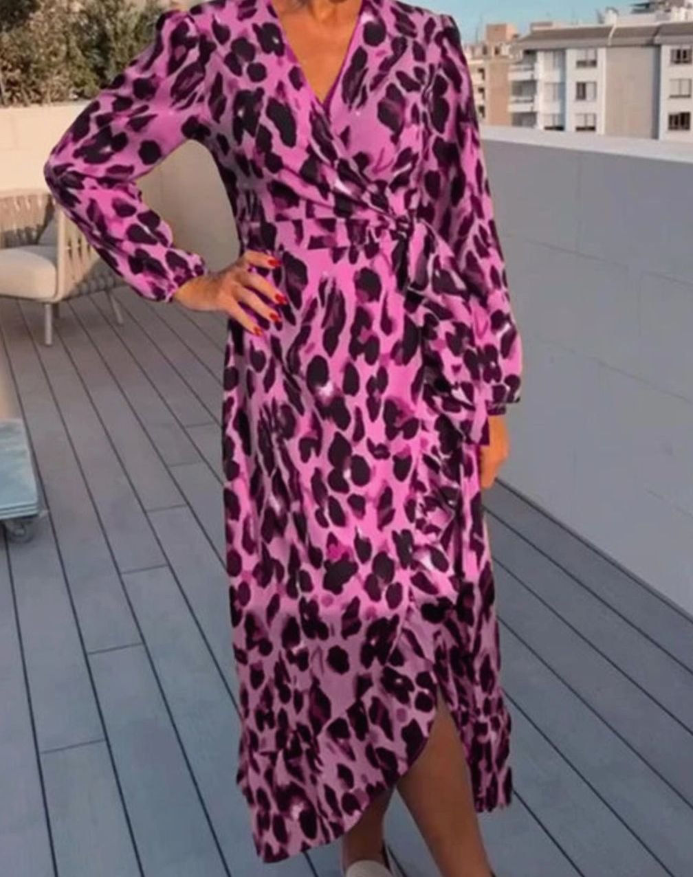 Dames A-lijn jurk luipaardprint V-hals lange mouwen midi - Luipaard Roze