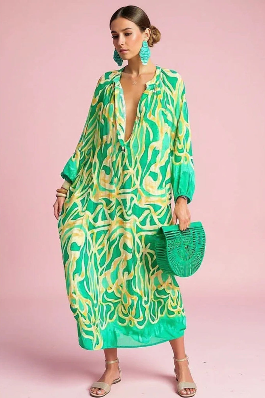 Dames Abstract-Print V-Hals Kaftan Maxi Jurk Lange Mouwen - Green