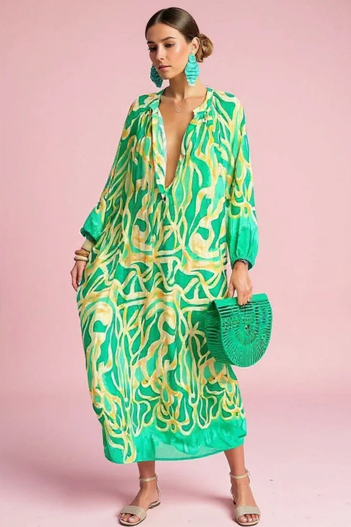 Dames Abstract-Print V-Hals Kaftan Maxi Jurk Lange Mouwen - Green