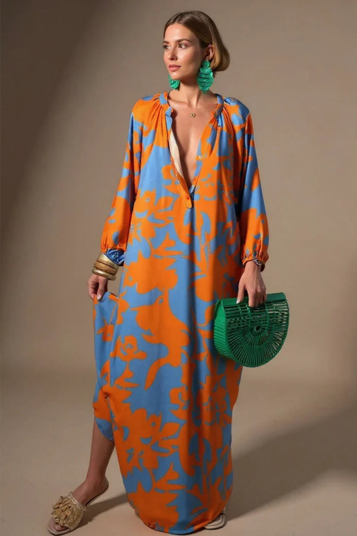 Dames Abstract-Print V-Hals Kaftan Maxi Jurk Lange Mouwen - Orange