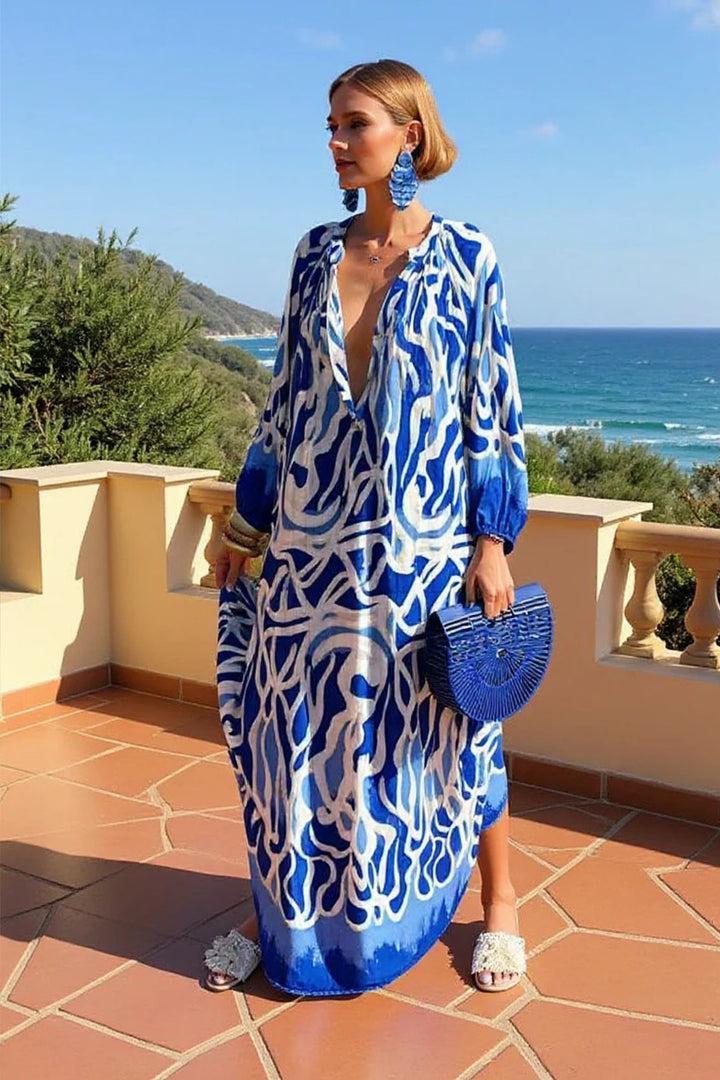 Dames Abstract-Print V-Hals Kaftan Maxi Jurk Lange Mouwen - Blue