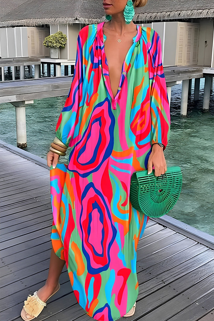 Dames Abstract-Print V-Hals Kaftan Maxi Jurk Lange Mouwen - Pink