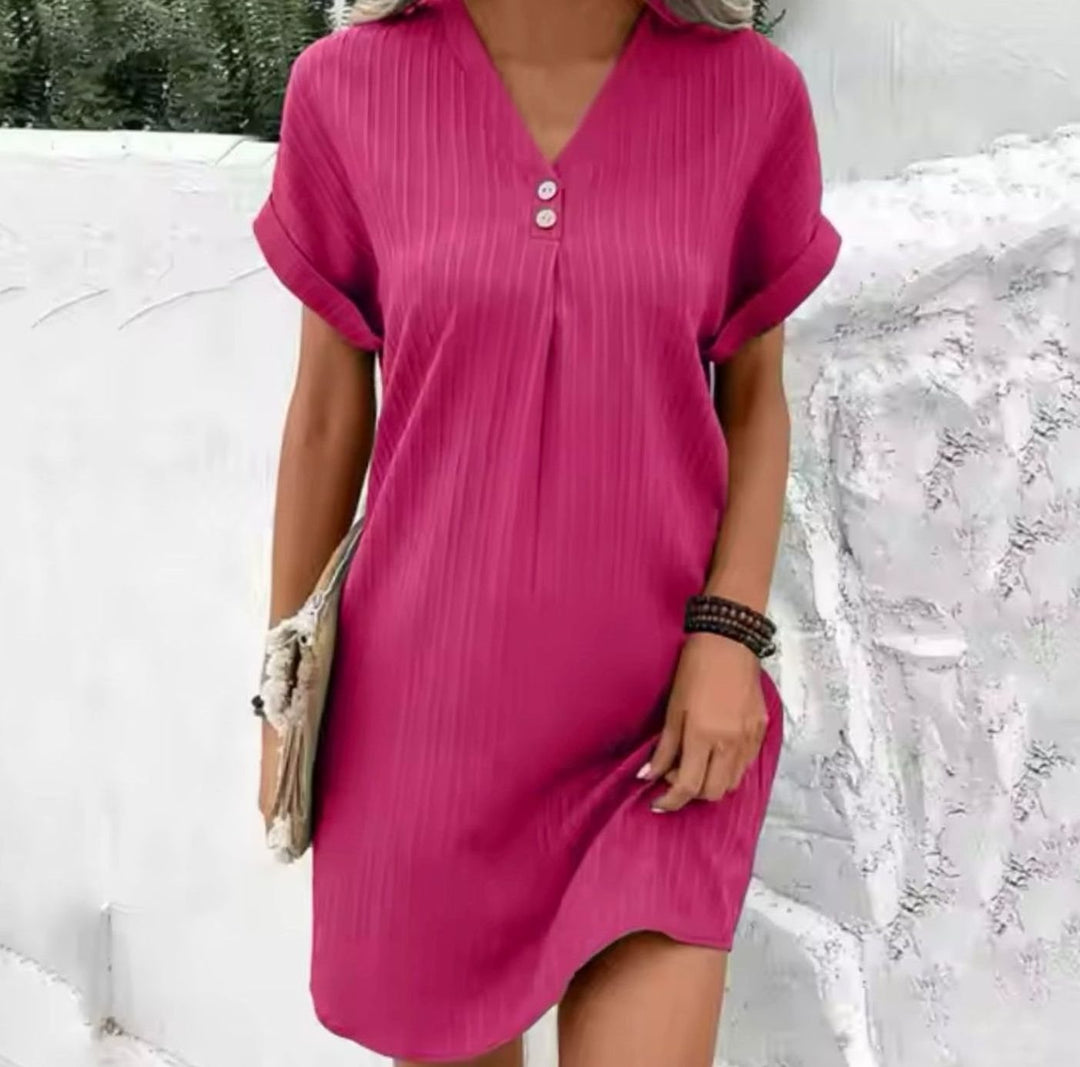 Dames Ademende V-hals Mini Zomerjurk Korte Mouwen - Roze