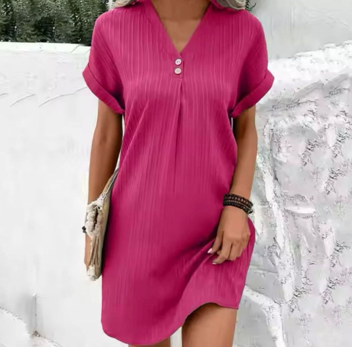 Dames Ademende V-hals Mini Zomerjurk Korte Mouwen - Roze
