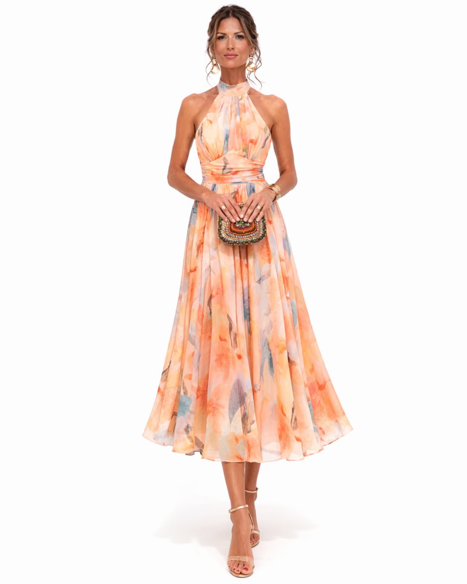 Dames Aquarel Bloemenprint Halter Midi Dress Chiffon