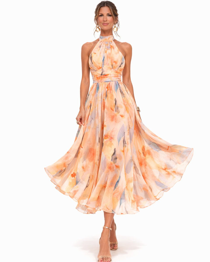 Dames Aquarel Bloemenprint Halter Midi Dress Chiffon