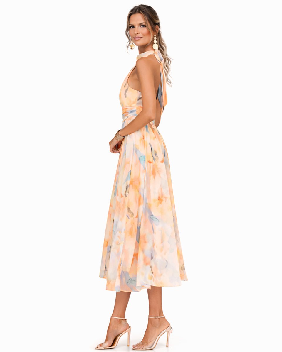 Dames Aquarel Bloemenprint Halter Midi Dress Chiffon