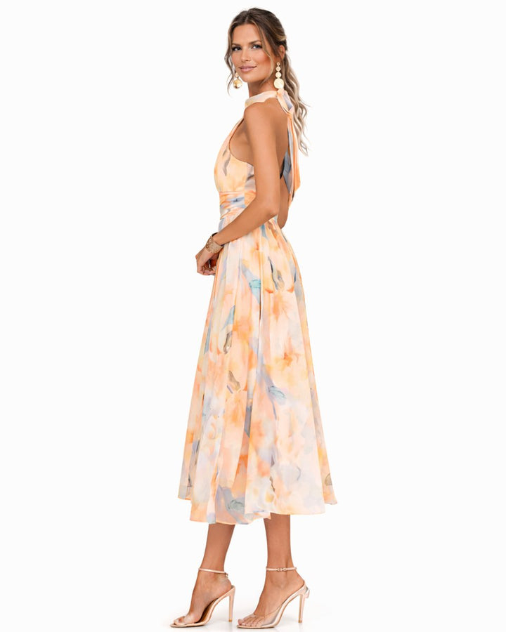 Dames Aquarel Bloemenprint Halter Midi Dress Chiffon