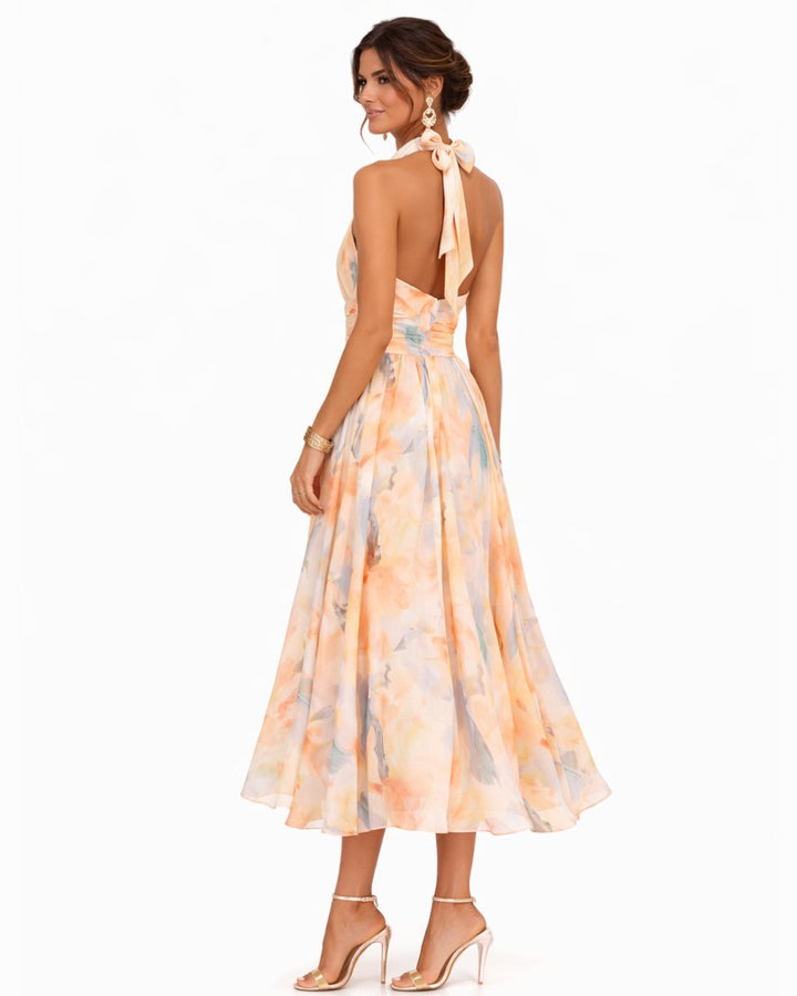 Dames Aquarel Bloemenprint Halter Midi Dress Chiffon