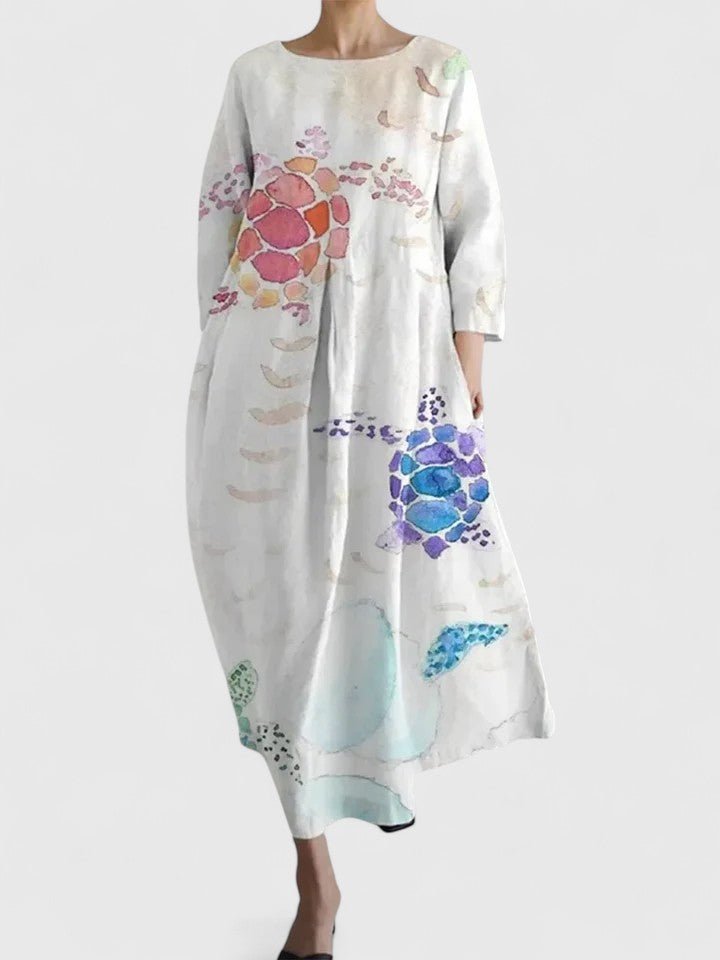 Dames Aquarel Schildpad Print Midi Jurk - Flower 1