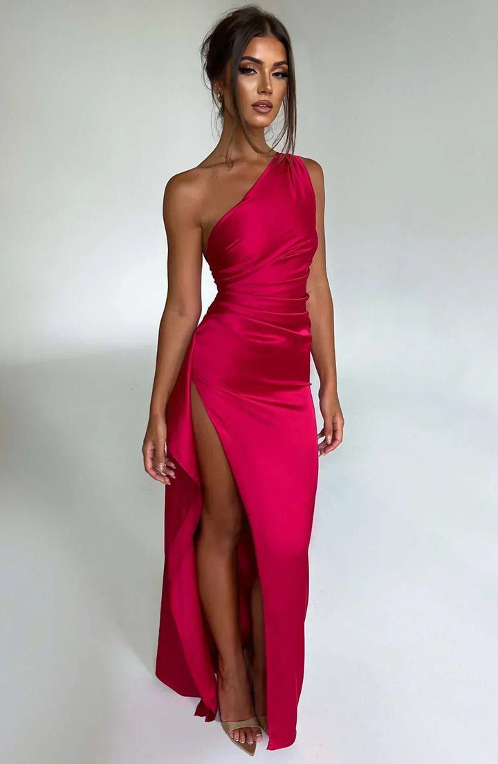 Dames Asymmetrische One-Shoulder Satijnen Maxi Jurk Hoge Split - Red