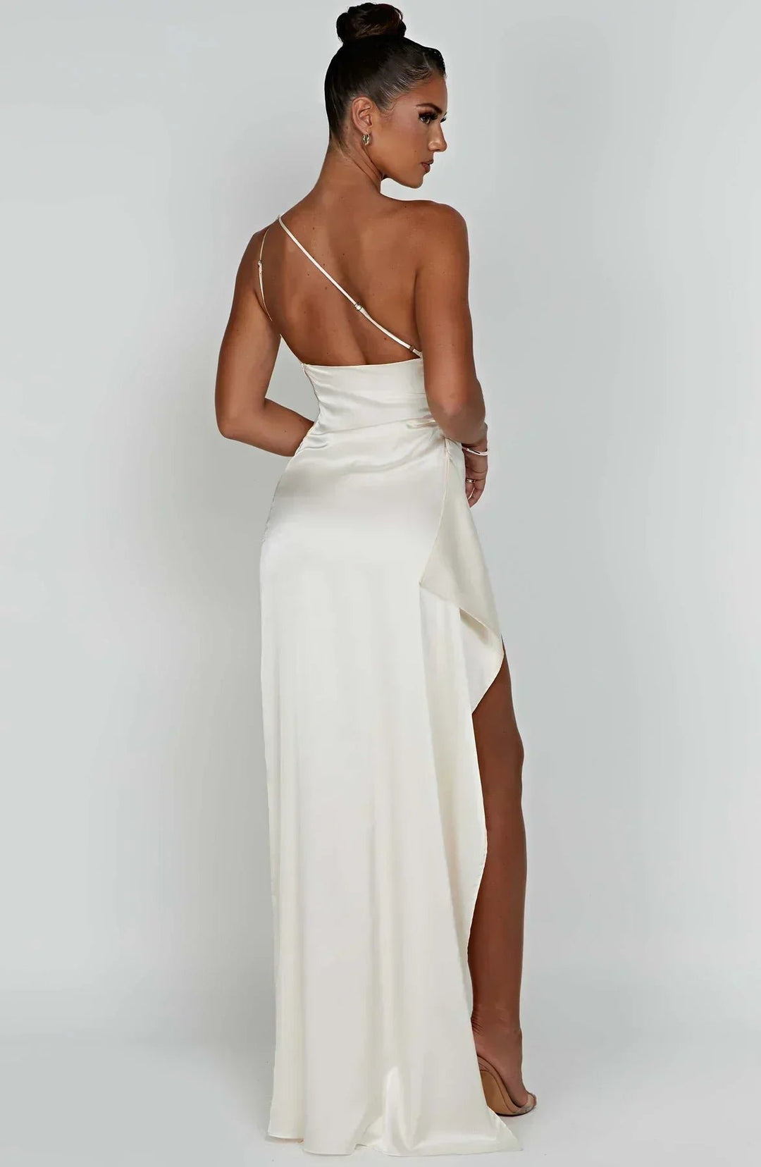 Dames Asymmetrische One-Shoulder Satijnen Maxi Jurk Hoge Split
