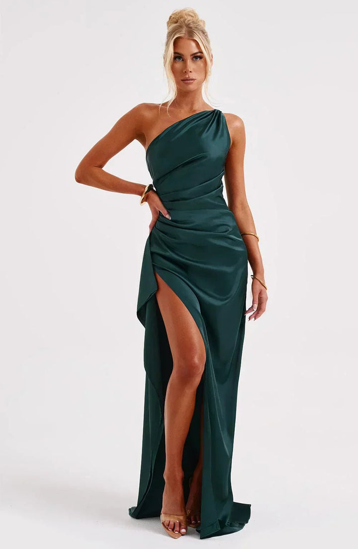 Dames Asymmetrische One-Shoulder Satijnen Maxi Jurk Hoge Split - Dark Teal Green