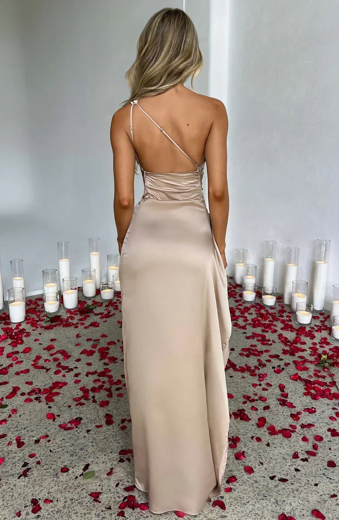 Dames Asymmetrische One-Shoulder Satijnen Maxi Jurk Hoge Split