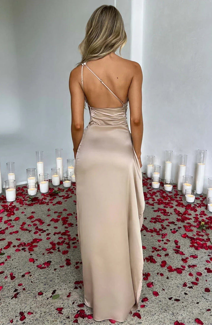 Dames Asymmetrische One-Shoulder Satijnen Maxi Jurk Hoge Split