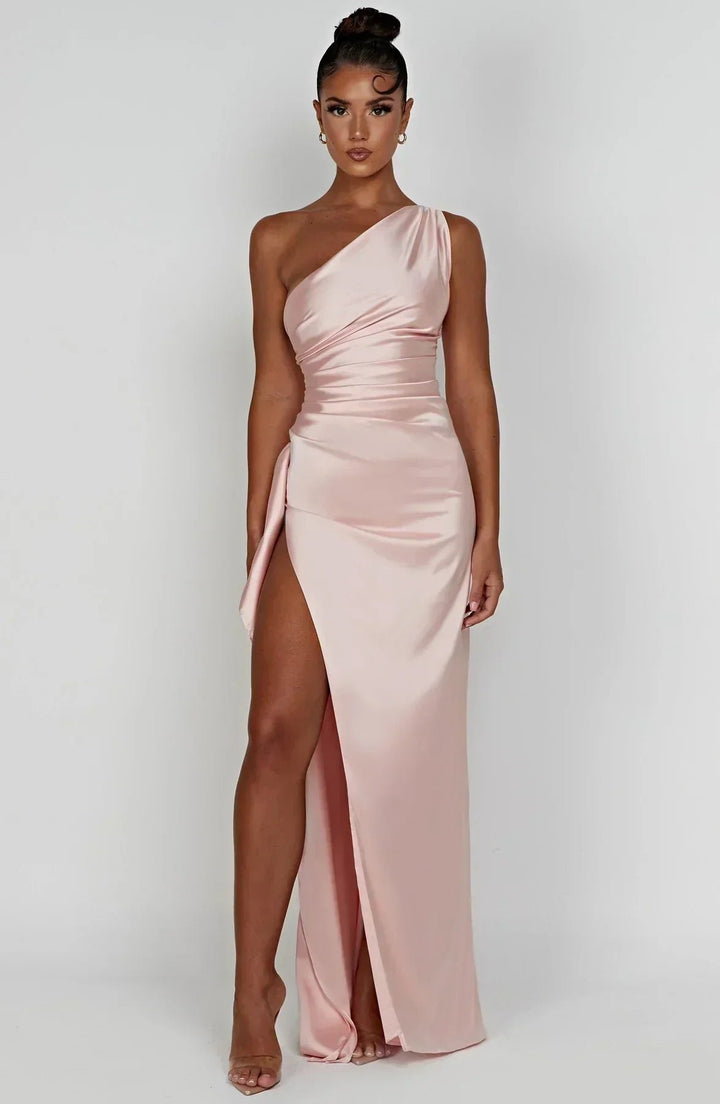 Dames Asymmetrische One-Shoulder Satijnen Maxi Jurk Hoge Split - Pink