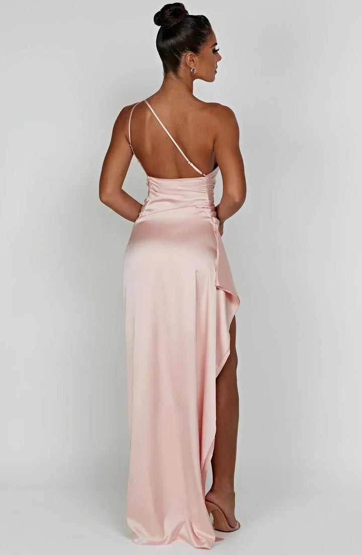 Dames Asymmetrische One-Shoulder Satijnen Maxi Jurk Hoge Split
