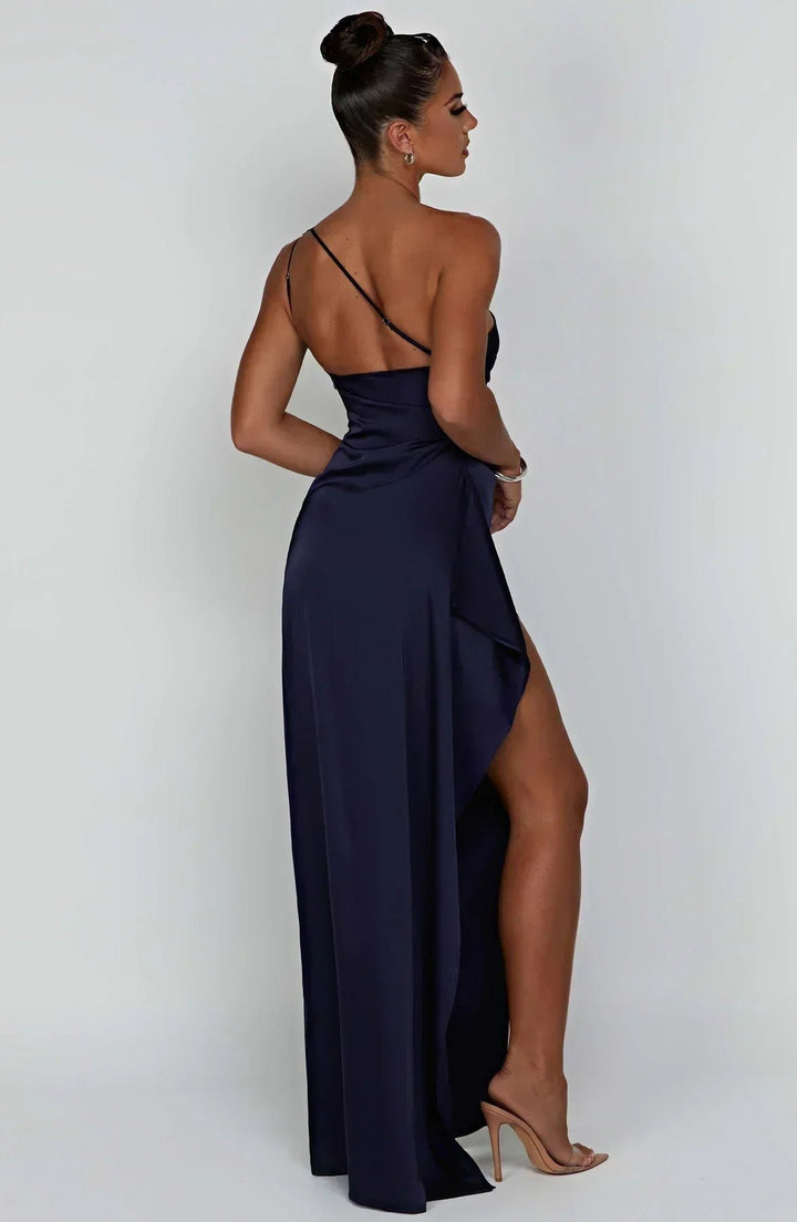 Dames Asymmetrische One-Shoulder Satijnen Maxi Jurk Hoge Split