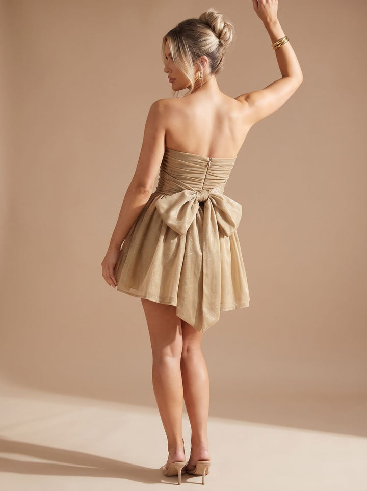Dames Bandeau Mini Feestjurk Strapless Glitter Strik - Goud