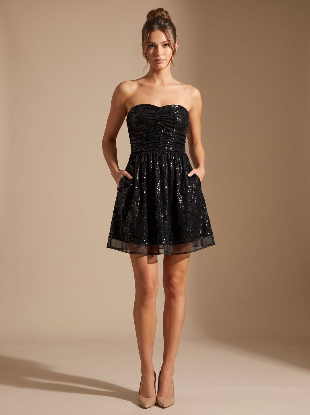 Dames Bandeau Mini Feestjurk Strapless Glitter Strik - Zwart
