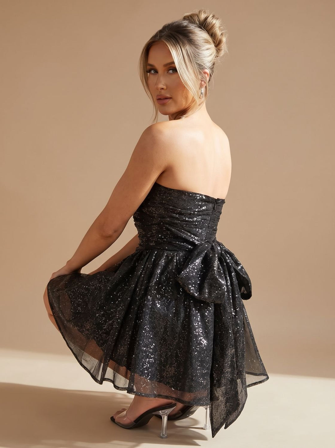 Dames Bandeau Mini Feestjurk Strapless Glitter Strik